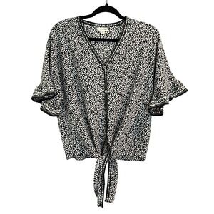 Max Studio XS Floral Tie Front Blouse‎ Black Blue Ruffle Sleeve V-Neck Top